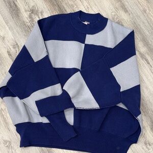 Free People Navy and Light Blue Knit Checker Over Size Sweater